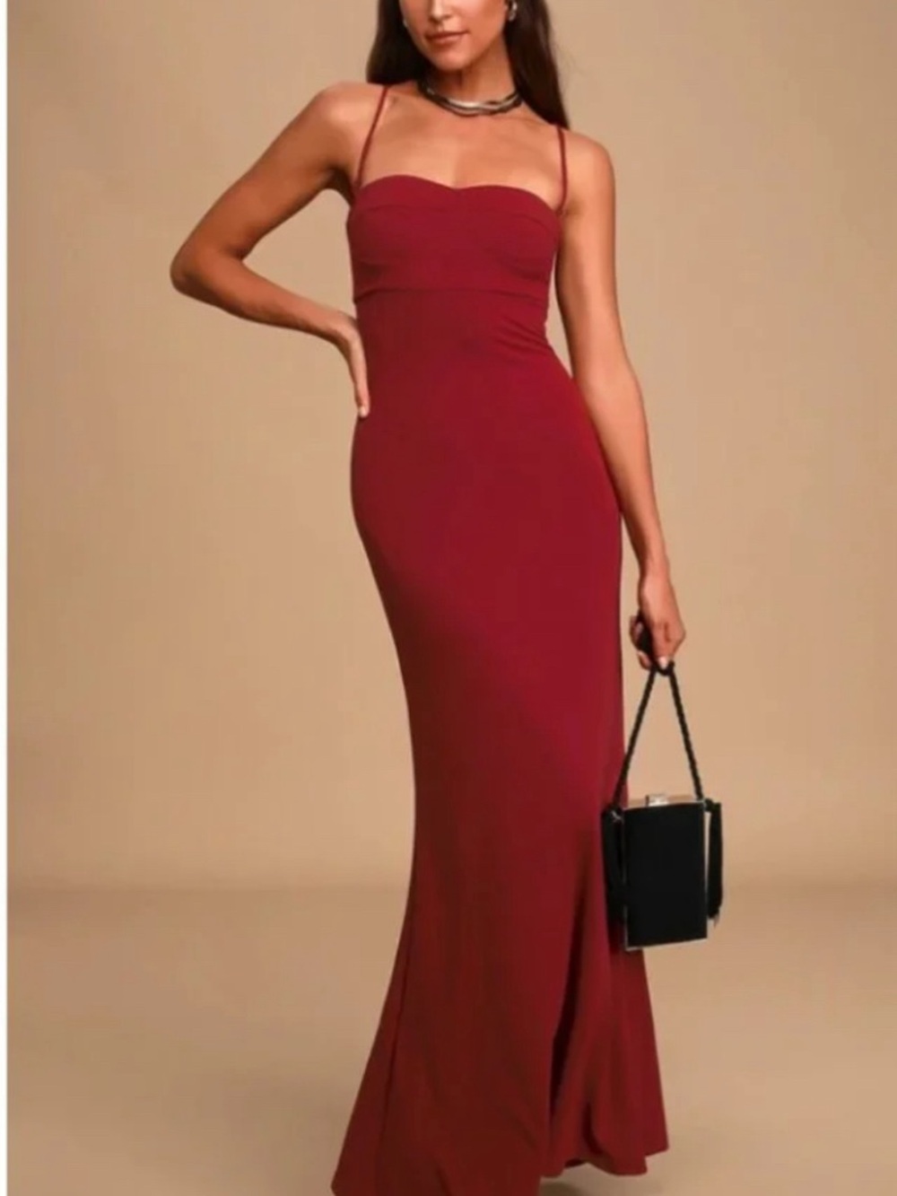 Lulu's Burgundy Bustier Mermaid Maxi Dress Size: S